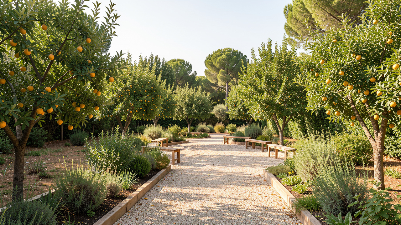 Vue panoramique réaliste d’un jardin-forêt urbain méditerranéen à Aix-en-Provence, avec des arbres fruitiers, des noues végétalisées, une clairière équipée de bancs et un chemin perméable baigné d’une douce lumière estivale.