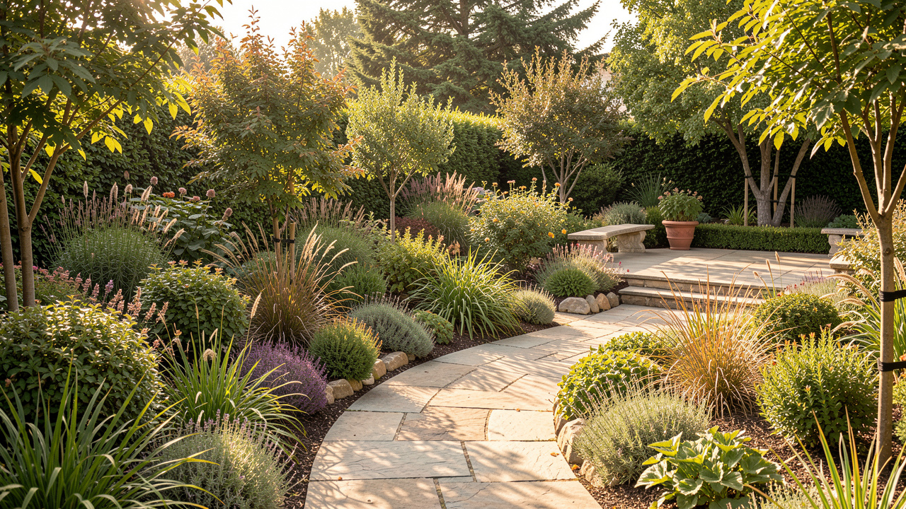Jardin paysager harmonieux avec une allée sinueuse, une végétation variée, une terrasse en pierre et des bordures naturelles baignées de soleil.
