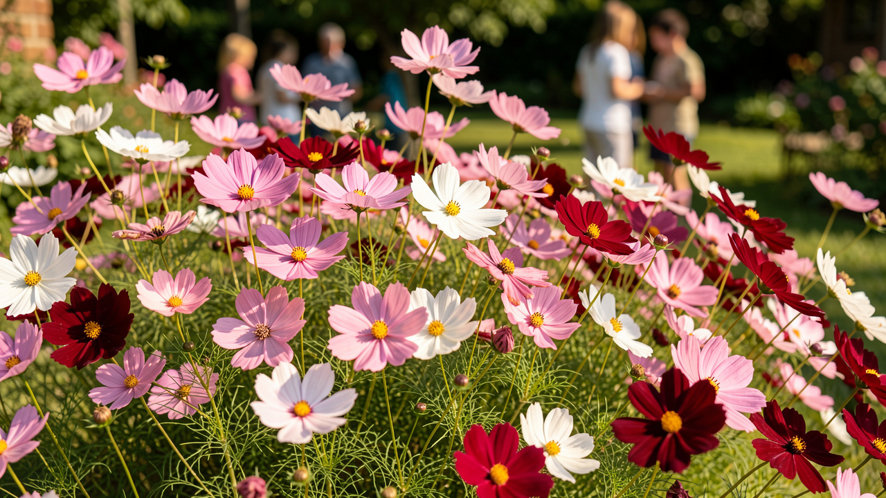Massif de cosmos roses, blancs et carmin en fleurs abondantes dans un jardin familial en plein soleil, avec un feuillage léger et délicat.
