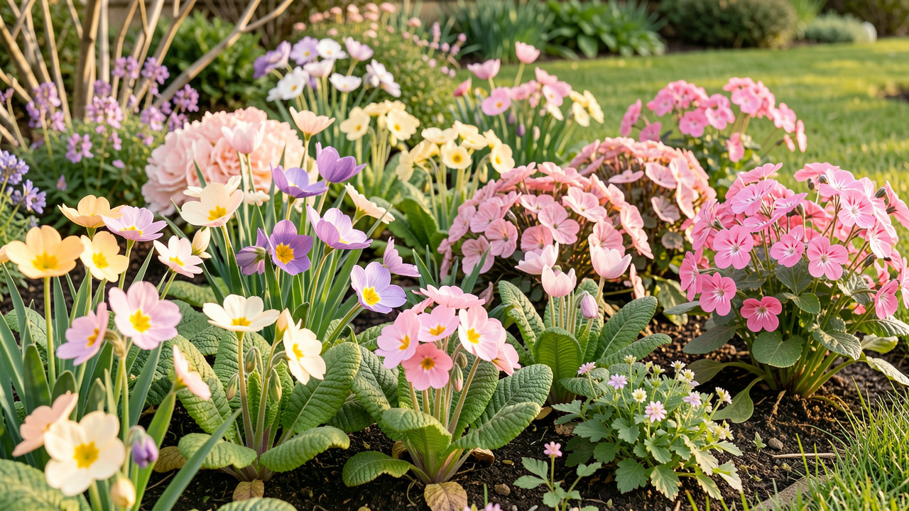 Massif de jardin au début du printemps avec des primevères, des pulsatilles, des bergenias et des géraniums vivaces éclairés par une douce lumière matinale.