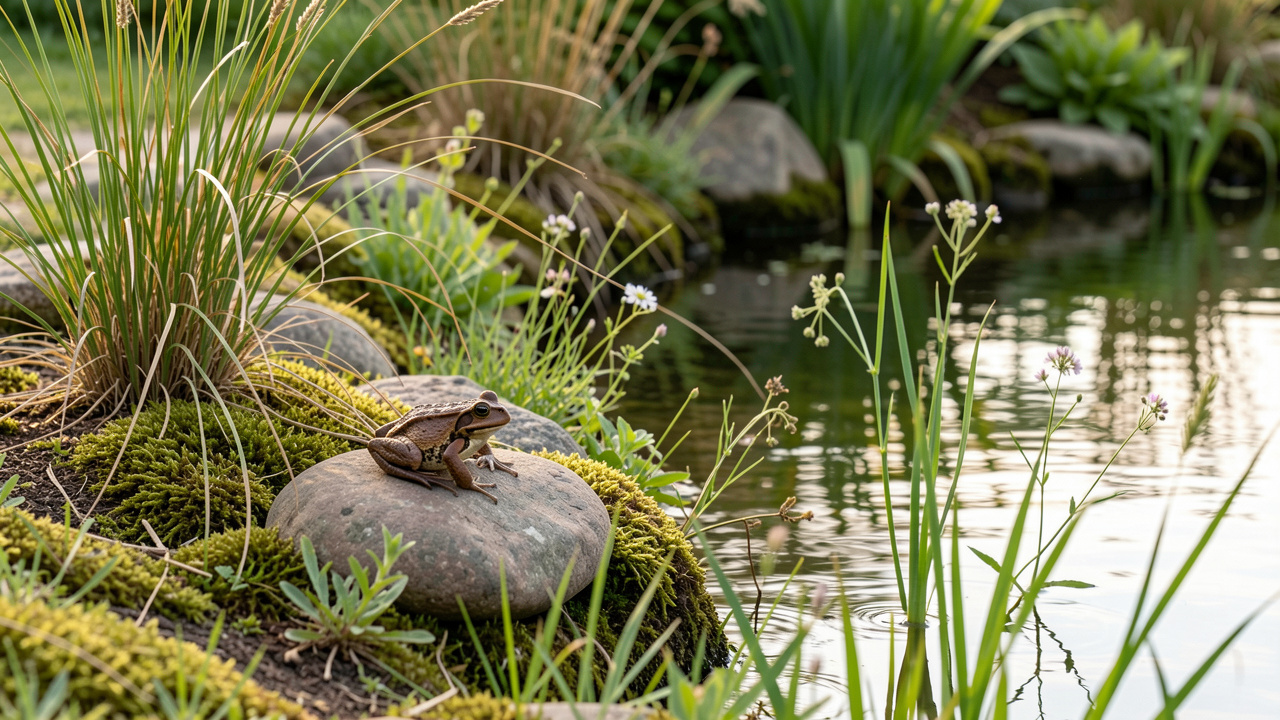 Petit jardin naturel avec une mare aux berges en pente douce, une grenouille brune posée sur une pierre et une végétation locale éclairée par la lumière du matin.