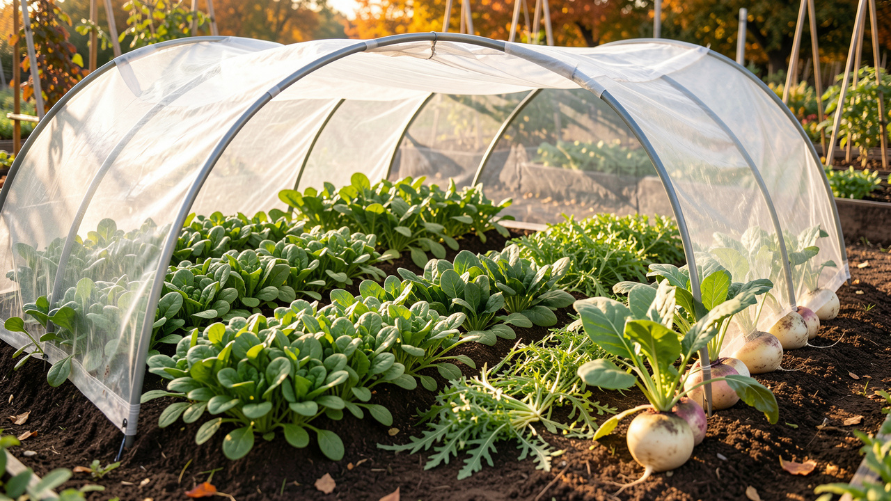 Potager d’automne lumineux en septembre avec des rangs de mâche, d’épinards, de roquette et de navets protégés par un voile d’hivernage posé sur des arceaux.