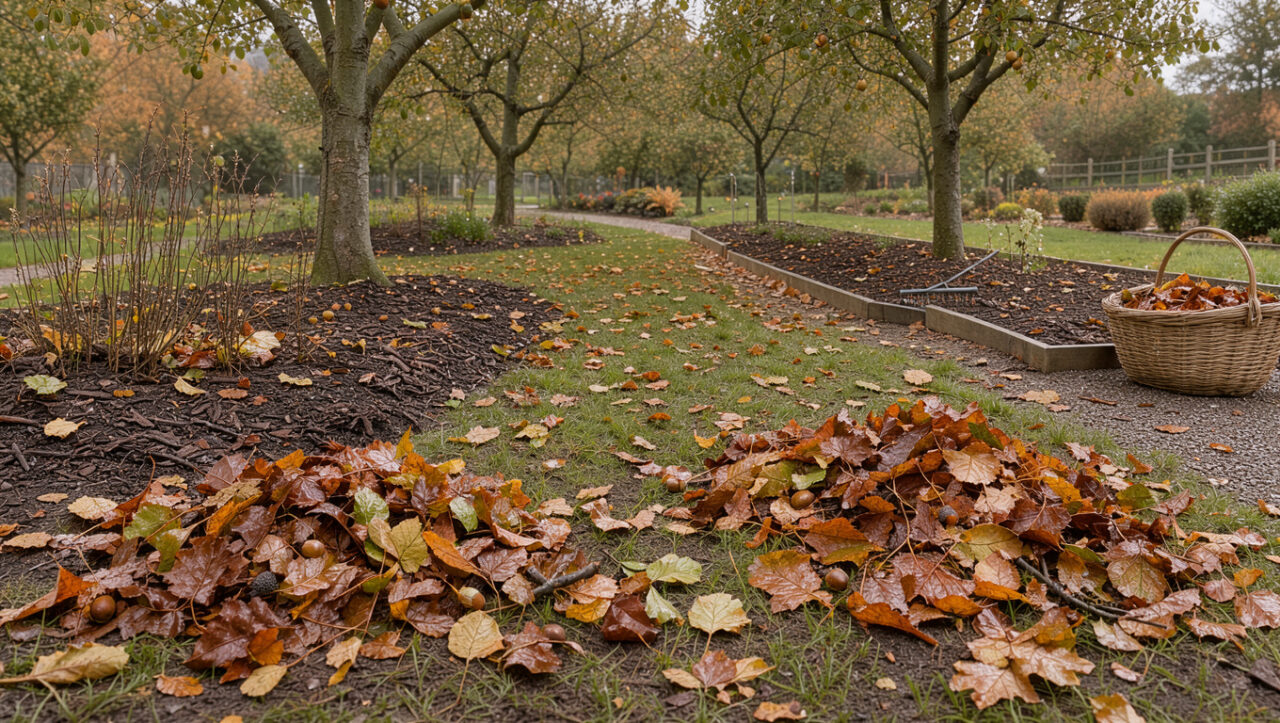 Jardin d’automne avec des tas de feuilles mortes, des massifs paillés et des arbres fruitiers baignés d’une lumière naturelle douce.