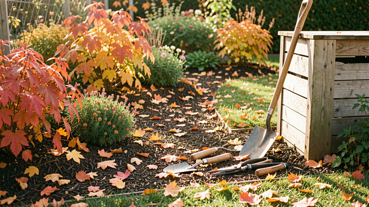 Jardin familial en automne avec des feuilles rouges, orange et dorées, des parterres paillés, des outils de jardinage et un composteur éclairés par une douce lumière matinale.