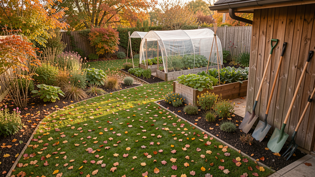Jardin familial en automne vu en légère plongée, avec pelouse couverte de feuilles colorées, massifs paillés, potager couvert et outils de jardin soigneusement rangés dans la lumière douce de fin d’après-midi.
