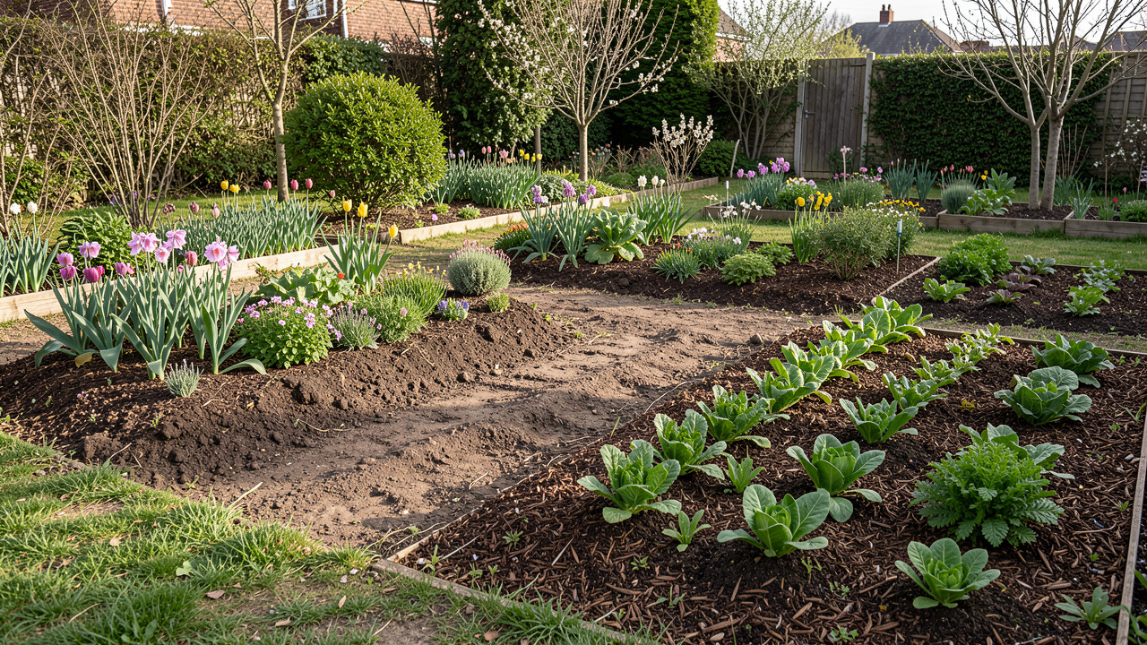 Jardin familial réaliste au printemps avec plusieurs zones de sol visibles, des massifs de vivaces fleuris et un potager recouvert de paillis sous une lumière naturelle douce.