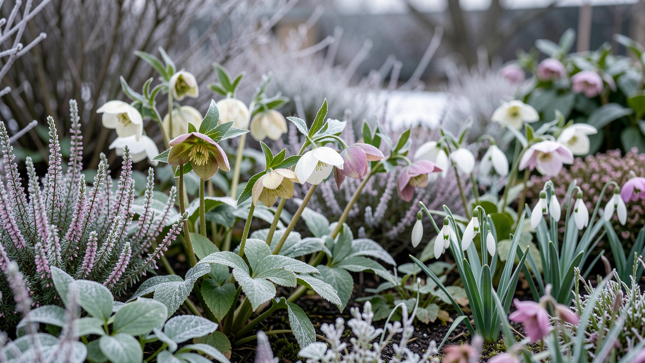 Massif de jardin hivernal fleuri avec des hellébores, des bruyères et des perce-neige sous une lumière douce.