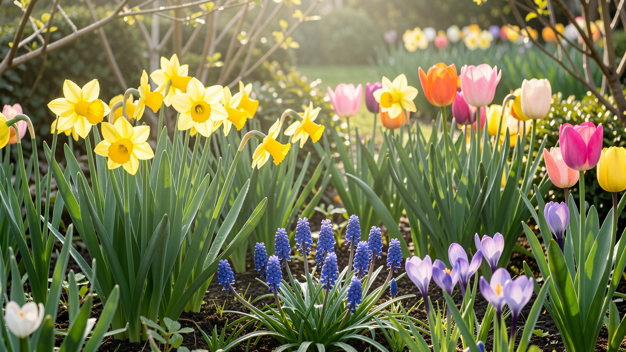 Massif printanier naturel composé de narcisses jaunes, de tulipes colorées, de muscaris bleus et de crocus, éclairé par une douce lumière matinale dans un jardin français.
