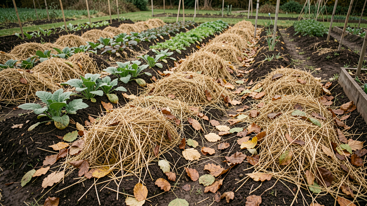 Potager familial en fin d’été avec des rangs de légumes recouverts de foin et de feuilles mortes sur un sol sombre et humide.